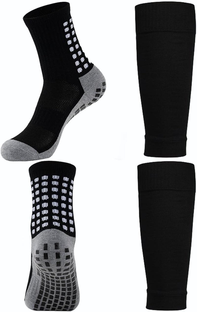 KMOLY 1 Set Soccer Grip Socks,Shin Guard Sleeves for Football Basketball for Men and Women Black/White One Size - Image 1